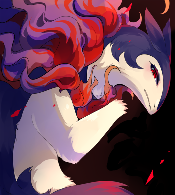 black_background, commentary_request, eyelashes, from_side, hisuian_typhlosion, lassie, looking_at_viewer, looking_to_the_side