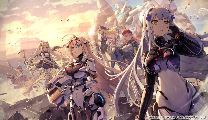 6+girls, ahoge, assault_rifle, blonde_hair, blue_eyes, bodysuit, breasts, covered_navel, debris, desert_eagle, desert_eagle_(blue_sky_garuda)_(girls'_frontline), desert_eagle_(girls'_frontline), f1, f1_(desert_dragon_and_poem)_(girls'_frontline), f1_(girls'_frontline), facial_mark, girls_frontline, green_eyes, gun, h&amp;k_hk416, h&amp;k_mg36, hair_ornament, hand_on_own_face, handgun, hanyang_type_88_(girls'_frontline), hanyang_type_88_(white_comet_bearing_your_wishes)_(girls'_frontline), headgear, helmet, hk416_(girls'_frontline), hk416_(midnight_evangelion)_(girls'_frontline), holding, holding_helmet, kuroi_susumu, large_breasts, long_hair, machine_gun, mecha, mg36_(blue_dragon_stands_above_sector_09)_(girls'_frontline), mg36_(girls'_frontline), multiple_girls, official_alternate_costume, official_art, outdoors, pilot_suit, pink_hair, pistol, rifle, robot, sig_mcx_(crimson_meteor)_(girls'_frontline), sig_mcx_(girls'_frontline), sig_sauer, sig_sauer_mcx, silver_hair, submachine_gun, sunset, weapon
