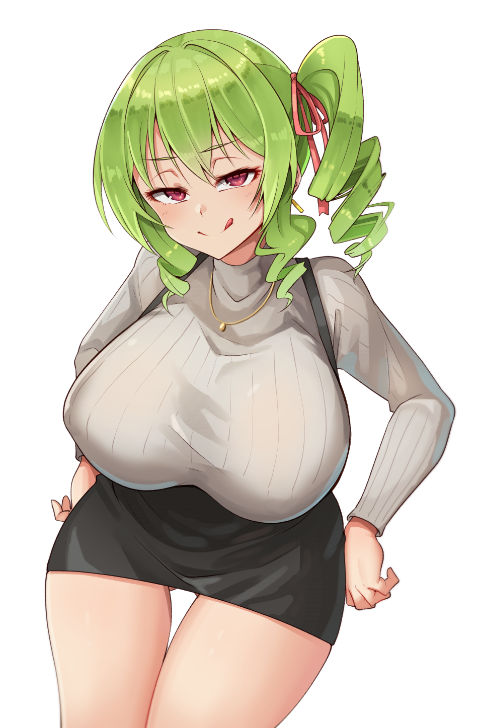 1girl, :p, ajidot, bangs, breasts, check_commentary, commentary_request, drill_hair, erato_(last_origin), green_hair, hair_ribbon, hands_on_hips, highres, huge_breasts, jewelry, korean_commentary, last_origin, long_hair, looking_at_viewer, miniskirt, necklace, one_side_up, red_eyes, ribbed_sweater, ribbon, side_ponytail, simple_background, skirt, solo, sweater, thigh_gap, tongue, tongue_out, turtleneck, turtleneck_sweater, white_background