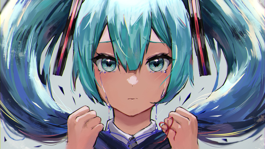 1girl, bangs, blue_eyes, blue_hair, blunt_bangs, closed_mouth, collarbone, crying, crying_with_eyes_open, frown, hair_ornament, hatsune_miku, highres, holding, holding_hair, looking_at_viewer, osumi_(rmee3837), sad, solo, tearing_up, tears, twintails, vocaloid