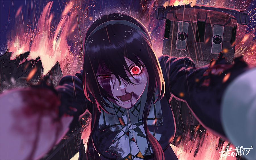 1girl, ashigara_(kancolle), ashigara_kai_ni_(kancolle), blood, blood_on_face, brown_hair, cannon, fire, hairband, kantai_collection, long_hair, long_sleeves, military, military_uniform, red_eyes, rigging, solo, torn_clothes, turret, uniform, white_hairband, yue_(tada_no_saboten)