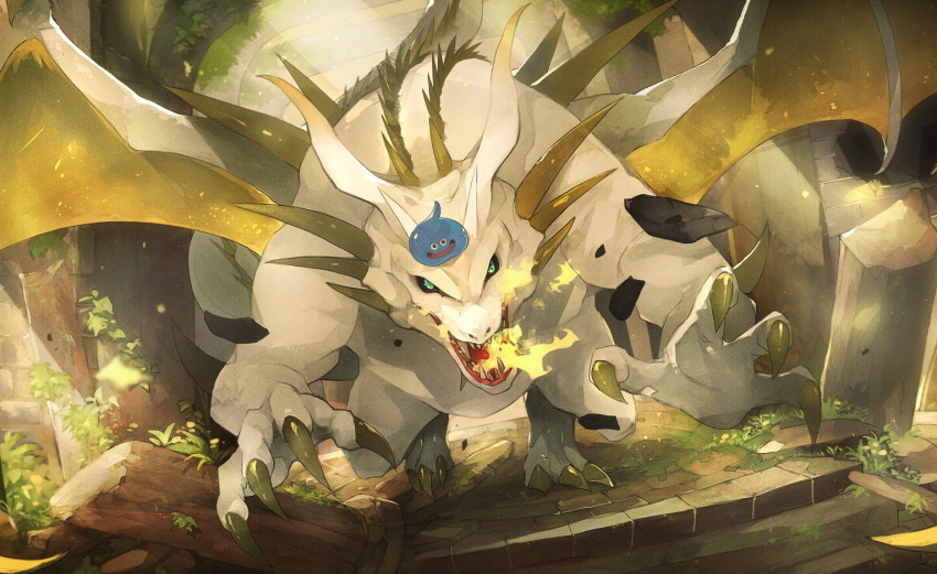 animal_focus, black_sclera, breathing_fire, character_request, claws, colored_sclera, commentary_request, day, dragon, dragon_quest, fire, grass, green_eyes, horns, indoors, ivy, light_rays, linne_(hld_doreko), moss, on_head, open_mouth, pillar, rubble, ruins, running_towards_viewer, sharp_teeth, slime_(creature), slime_(dragon_quest), slit_pupils, stairs, sunlight, teeth, wings