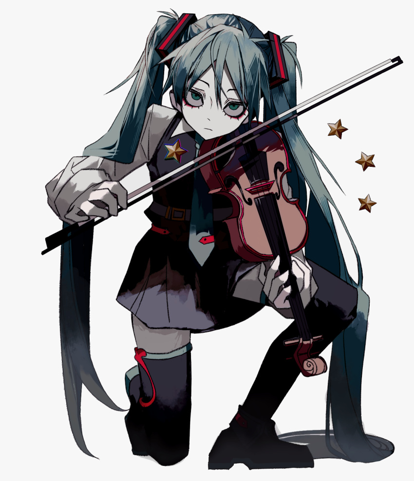 1girl, bangs, belt, blank_stare, blue_hair, boots, bow_(music), closed_mouth