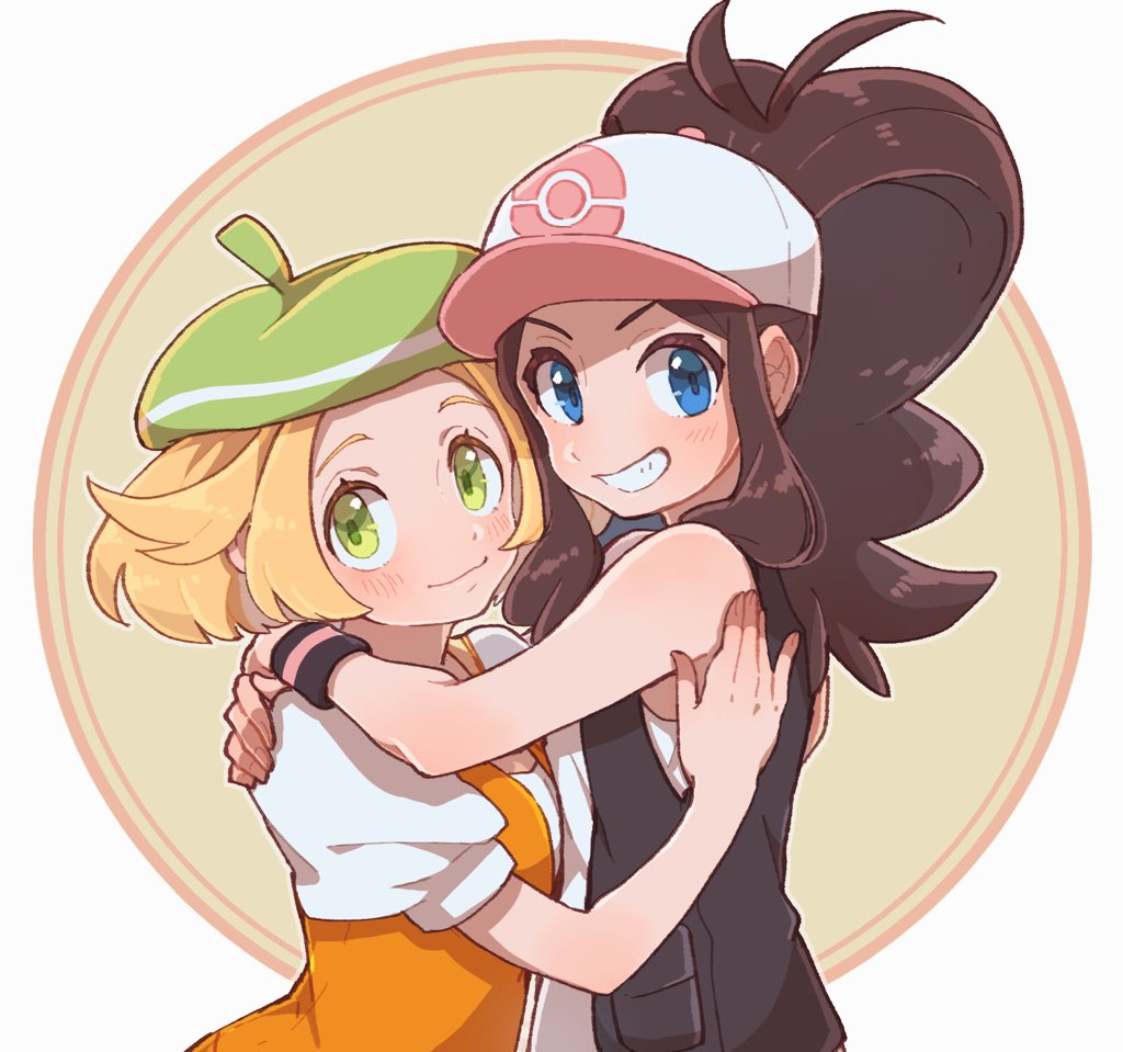 2girls, aoya_(ayoyame18), bianca_(pokemon), blonde_hair, blue_eyes, blush, brown_hair, green_eyes, hand_on_another's_shoulder, hat, hilda_(pokemon), hug, jacket, multiple_girls, open_mouth, pokemon, pokemon_(game), pokemon_bw, ponytail, simple_background, smile, white_background