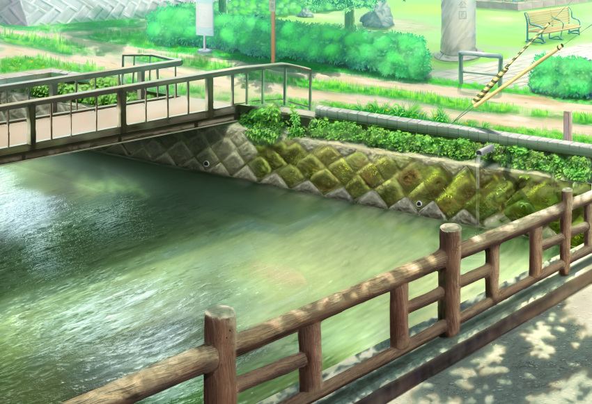 absurdres, bench, bush, commentary_request, fence, grass, highres, no_humans