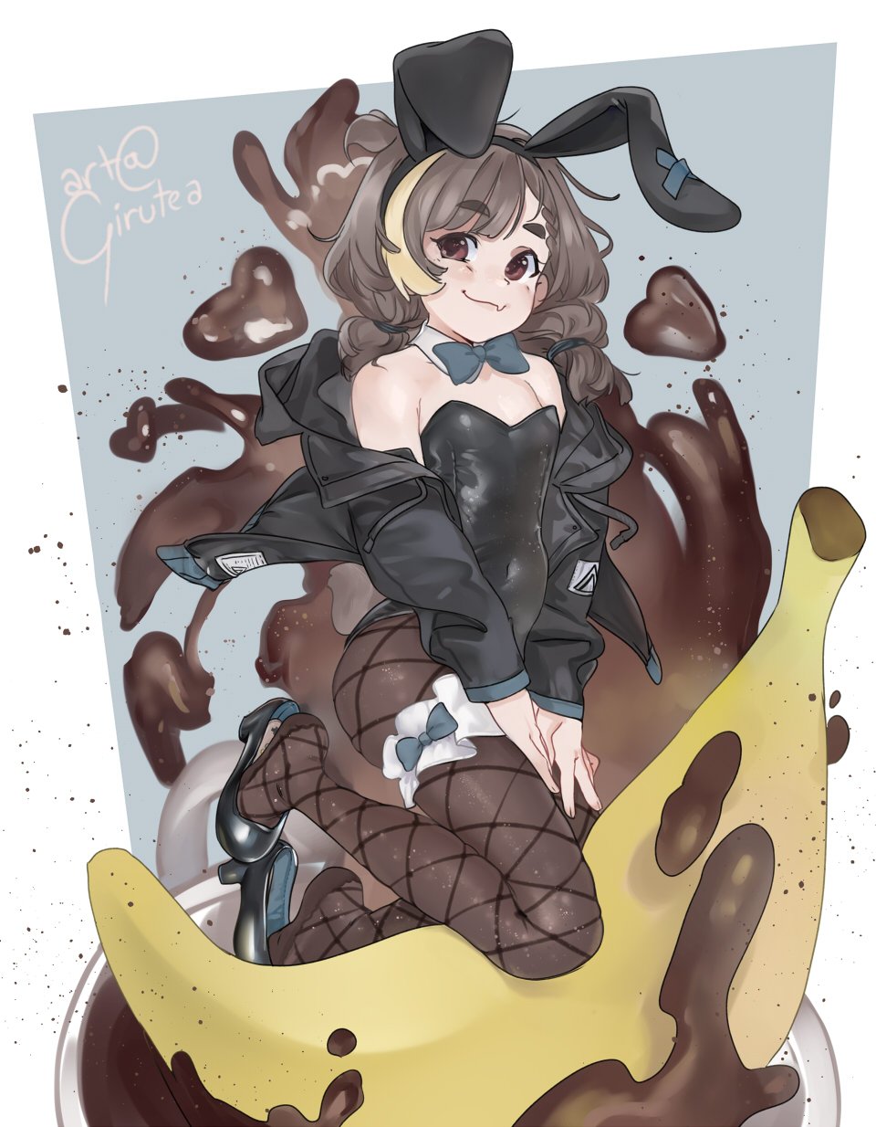 1boy, animal_ears, artist_name, banana, bare_shoulders, black_jacket, black_leotard, blonde_hair, blue_bow, bow, bowtie, braid, braided_bangs, brown_eyes, brown_hair, closed_mouth, coffee, covered_navel, cup, detached_collar, eyebrows_visible_through_hair, fake_animal_ears, fang, fishnet_legwear, fishnets, food, fruit, full_body, girutea, hair_tie, high_heels, highres, in_food, indie_virtual_youtuber, jacket, leotard, looking_at_viewer, low_twintails, male_focus, male_playboy_bunny, medium_hair, mocca_liebeskind, multicolored_hair, open_clothes, open_jacket, otoko_no_ko, oversized_food, oversized_object, pantyhose, rabbit_ears, rabbit_tail, shoe_dangle, skin_fang, skindentation, smile, solo, splashing, strapless, strapless_leotard, streaked_hair, tail, thick_eyebrows, thigh_strap, twintails, v_arms, virtual_youtuber
