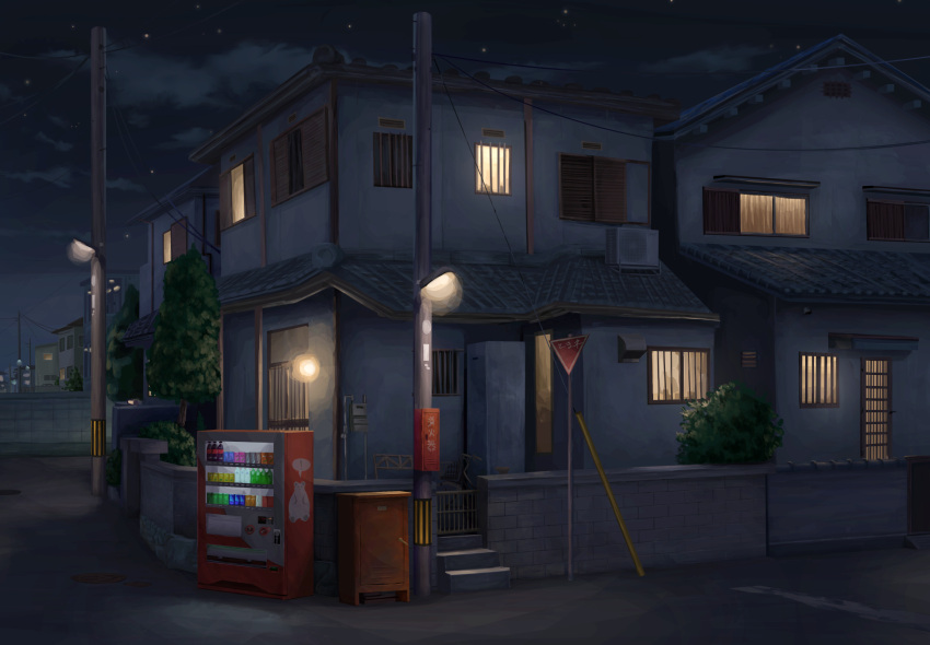 building, clouds, commentary_request, highres, house, lamppost, light, night