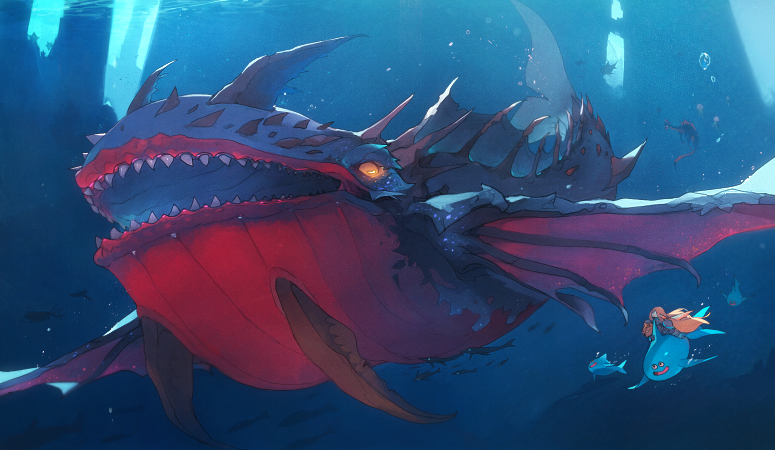 animal_focus, bubble, commentary, creature, dolphin, dragon_quest, fins, fish