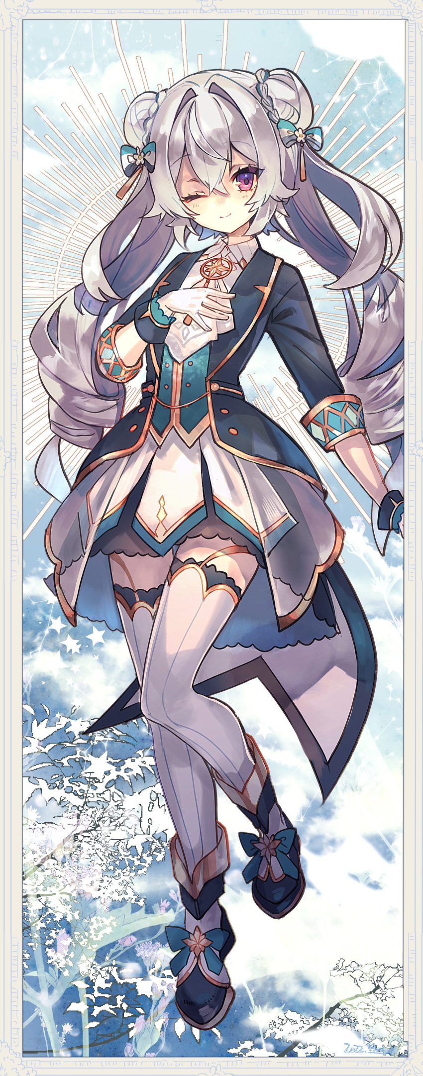 1girl, absurdres, ankle_boots, arm_at_side, blue_coat, boots, bow, closed_mouth, coat, coattails, commission, double_bun, dress, flare_rune, framed, full_body, hair_bow, hand_on_own_chest, highres, indie_virtual_youtuber, long_hair, looking_at_viewer, miea222, one_eye_closed, second-party_source, skeb_commission, smile, solo, thigh-highs, twintails, violet_eyes, white_hair