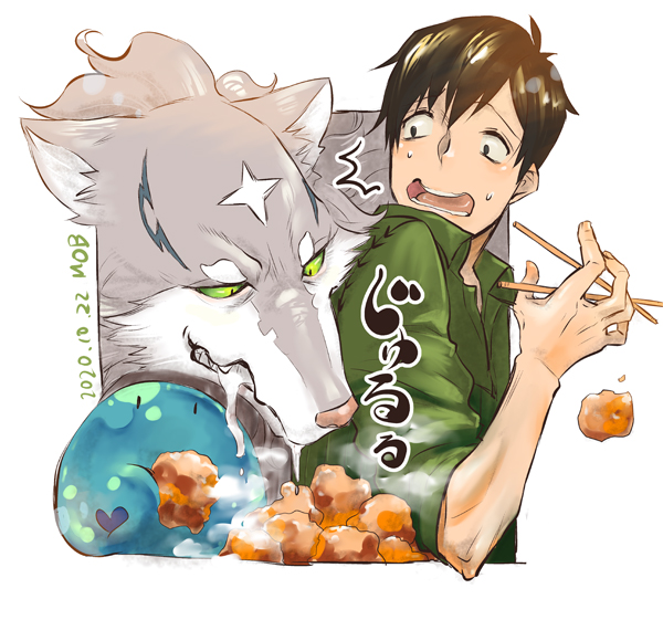 1boy, chopsticks, collared_shirt, dated, drooling, dropping, eating, feru_(tonsuki)