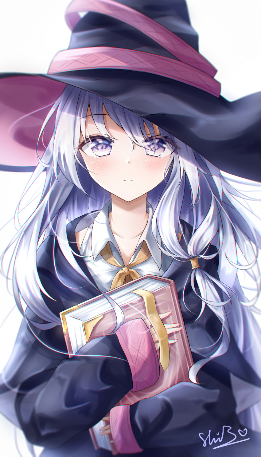 1girl, absurdres, bangs, black_headwear, black_jacket, book, closed_mouth, collared_shirt