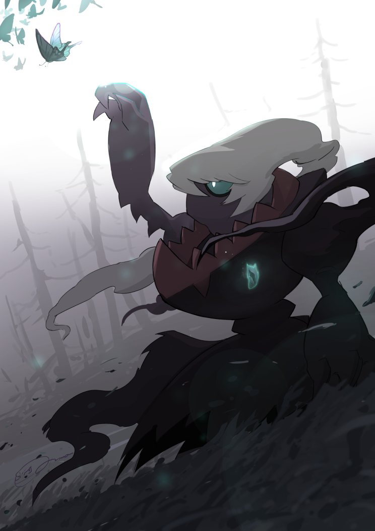 arm_up, bare_tree, bright_pupils, bug, butterfly, commentary_request, darkrai, from_side, green_eyes, koma_nezumi, looking_up, no_humans, outdoors, pokemon, pokemon_(creature), signature, tree, white_pupils