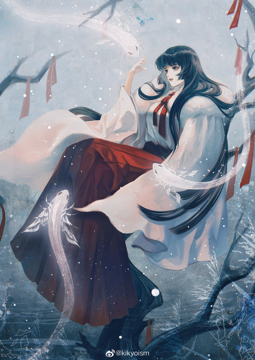 1girl, absurdres, bare_tree, black_hair, branch, fur_coat, highres, inuyasha
