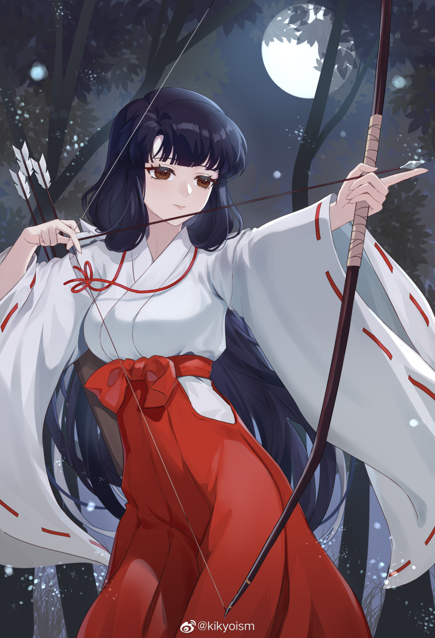 1girl, absurdres, aiming, arrow_(projectile), bow, expressionless, grass, hakama