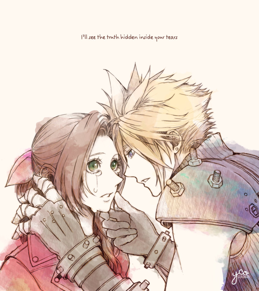 1boy, 1girl, aerith_gainsborough, armor, bangs, blonde_hair, blue_eyes, blue_shirt