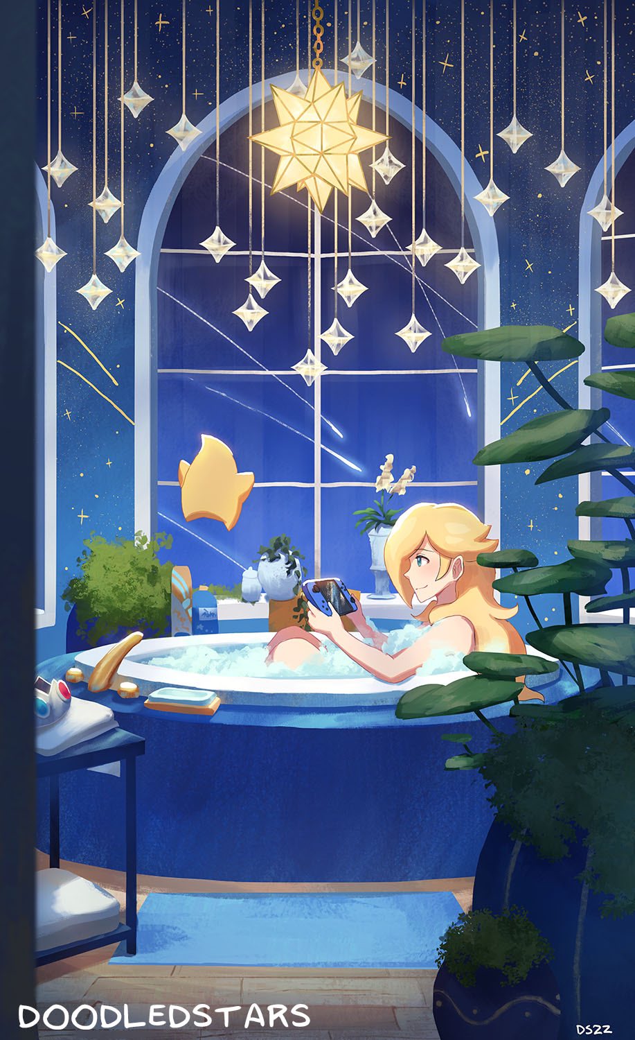 1girl, bathing, bathtub, blonde_hair, crown, crown_removed, doodledstars, floating, flower, handheld_game_console, highres, luma_(mario), night, nintendo_switch, nude, plant, rosalina, shooting_star, smile, soap_bubbles, star, super_mario_bros., super_mario_galaxy, towel, window