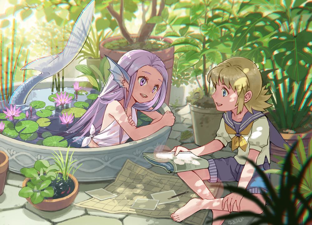 2girls, 43, bangs, bare_arms, bare_legs, bare_shoulders, barefoot, beads