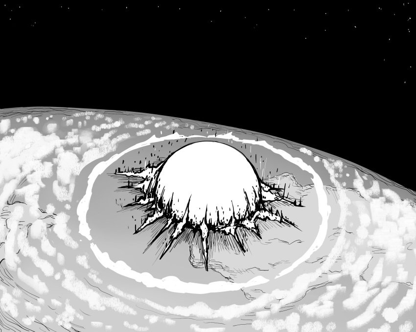 absurdres, bb_(baalbuddy), explosion, greyscale, highres, monochrome, original, planet