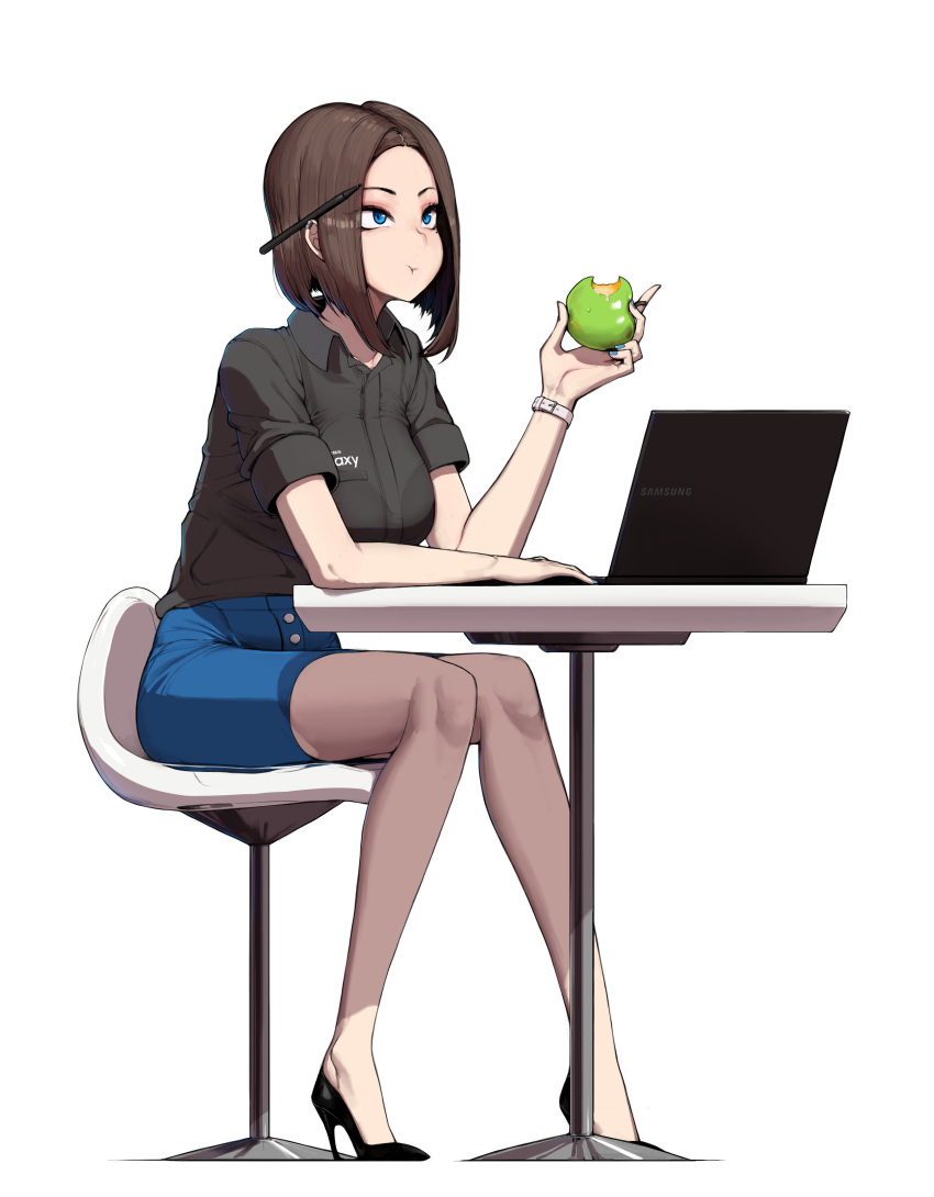 1girl, absurdres, apple, arm_rest, bare_legs, black_footwear, black_shirt, blue_eyes, blue_nails, blue_shorts, chewing, closed_mouth, collared_shirt, computer, deliciousmeatart, eating, english_commentary, eyelashes, food, forehead, fruit, full_body, green_apple, high_heels, highres, holding, holding_food, holding_fruit, knees_together_feet_apart, laptop, looking_afar, pen, samsung, samsung_sam, shadow, shirt, short_sleeves, shorts, sitting, solo, table, thinking, v-shaped_eyebrows, watch, watch, white_background