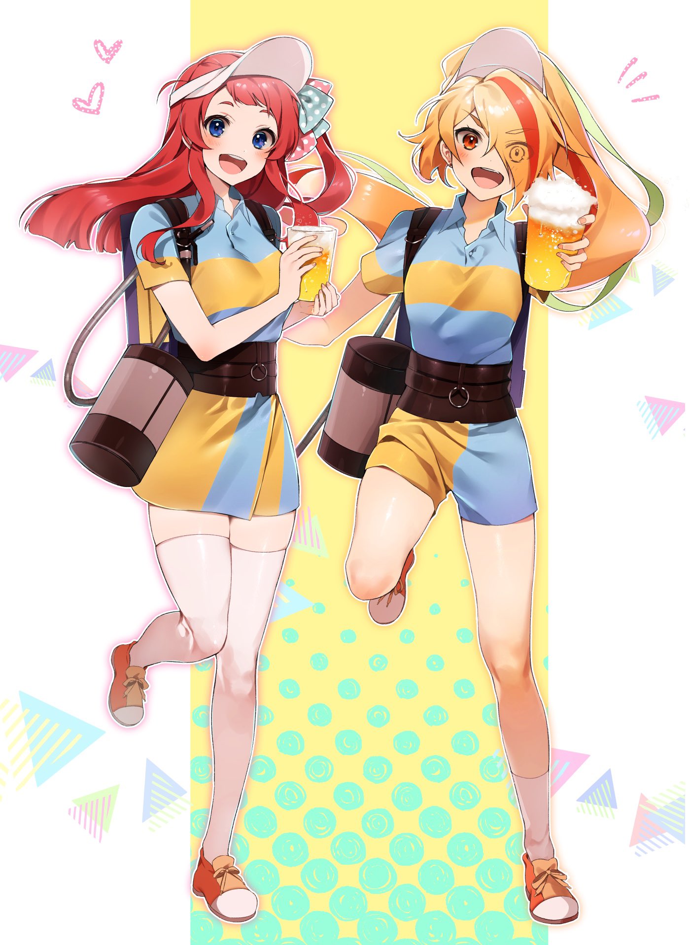 2girls, alcohol, alternate_costume, beer, beer_glass, belt, blonde_hair, blue_eyes