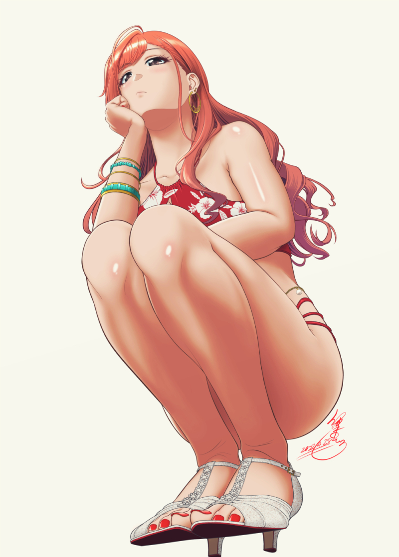 1girl, arisugawa_natsuha, bead_bracelet, beads, bikini, bracelet, brown_eyes, clenched_hand, closed_mouth, commentary_request, dated, earrings, eyelashes, floral_print, from_below, full_body, hand_up, head_rest, high_heels, idolmaster, idolmaster_shiny_colors, jewelry, kijinaka_mahiro, knees, legs_together, long_hair, nail_polish, orange_hair, red_bikini, red_nails, shiny, shiny_hair, shiny_skin, signature, solo, squatting, swimsuit
