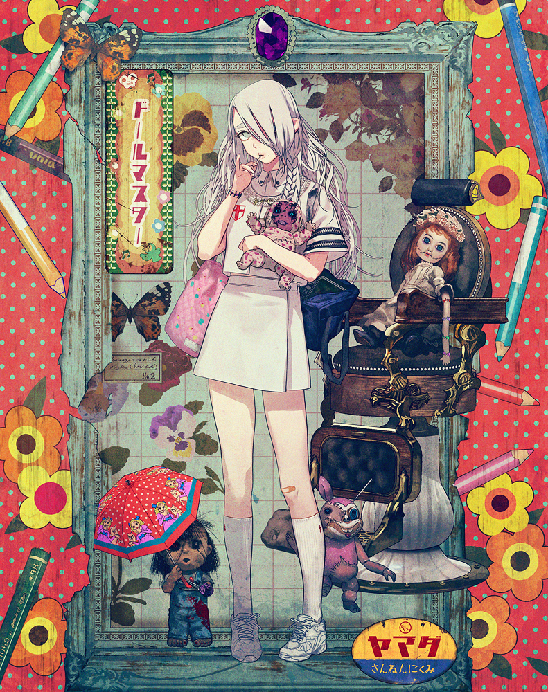 1girl, bag, bandaid, bandaid_on_knee, bandaid_on_leg, barber_chair, braid, chair
