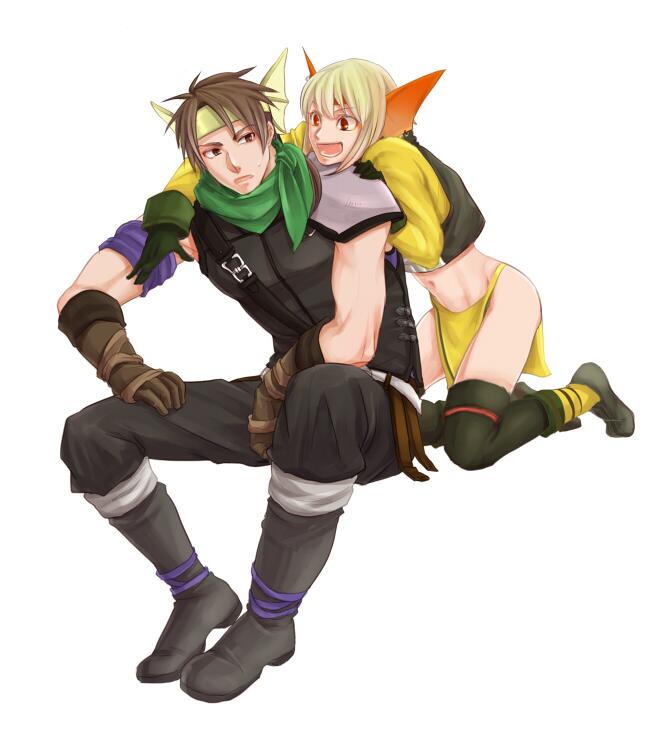 1boy, 1girl, blonde_hair, brown_gloves, brown_hair, earrings, full_body, futch_(suikoden)