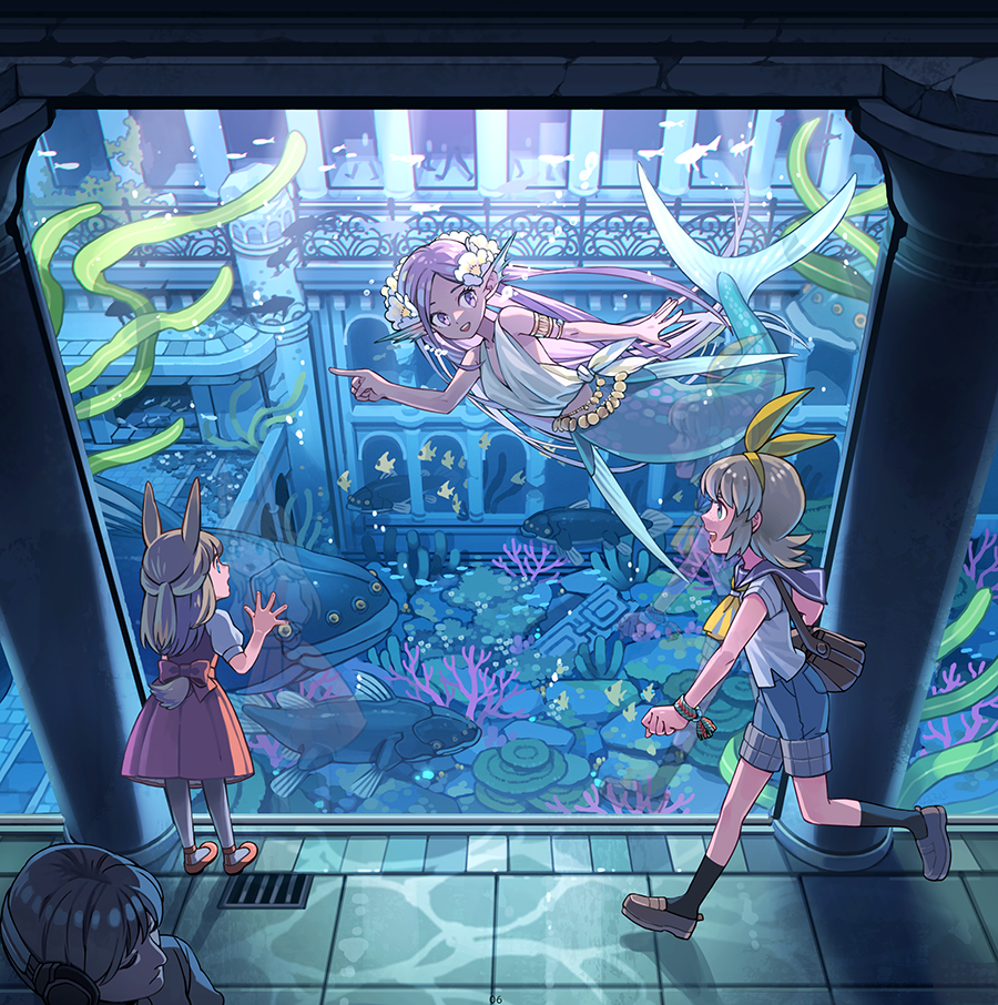 1other, 3girls, 43, :d, air_bubble, animal, animal_ears, armlet
