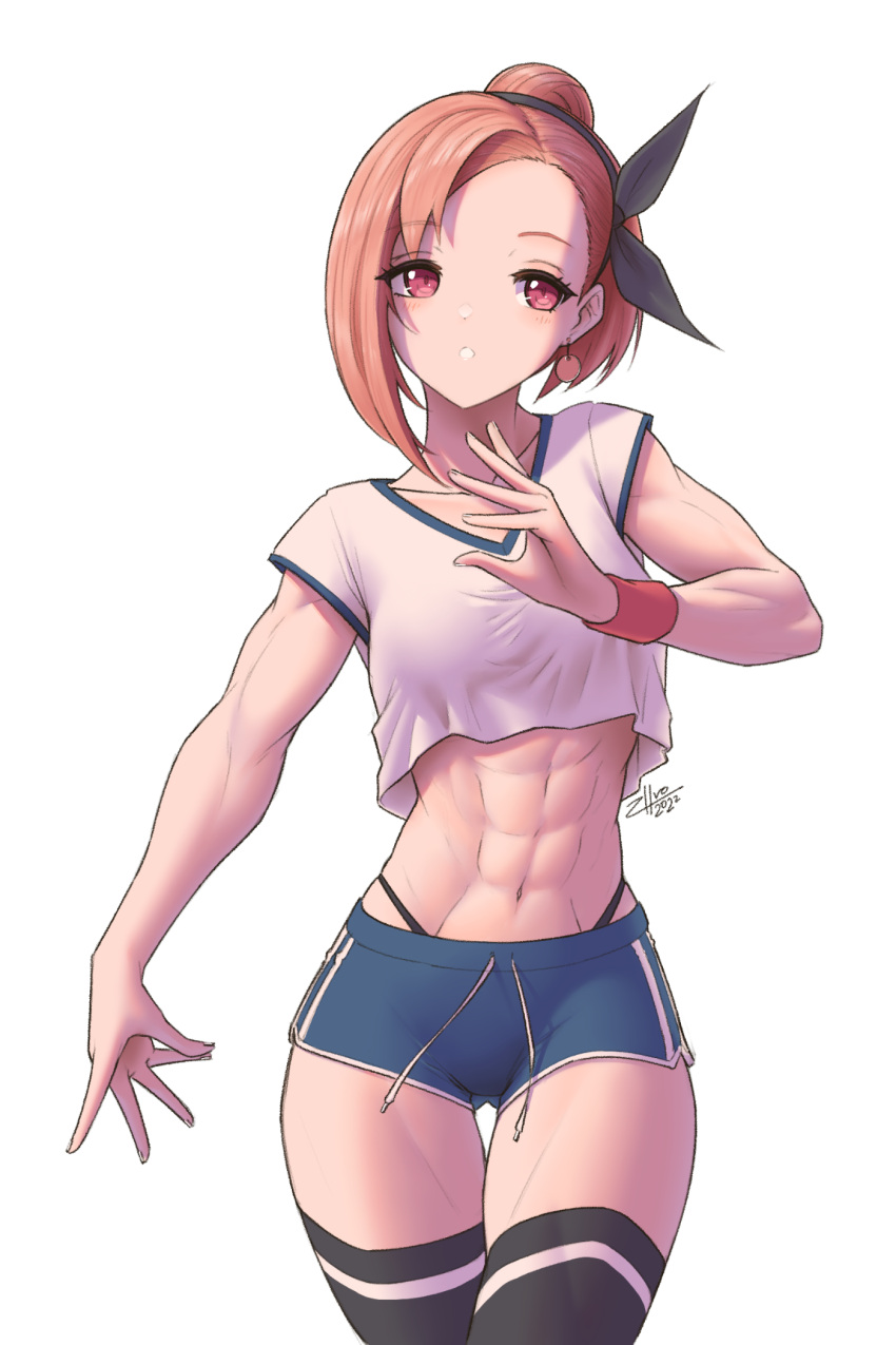 1girl, 2022, abs, ass_visible_through_thighs, asymmetrical_hair, biceps, black_hairband, black_legwear