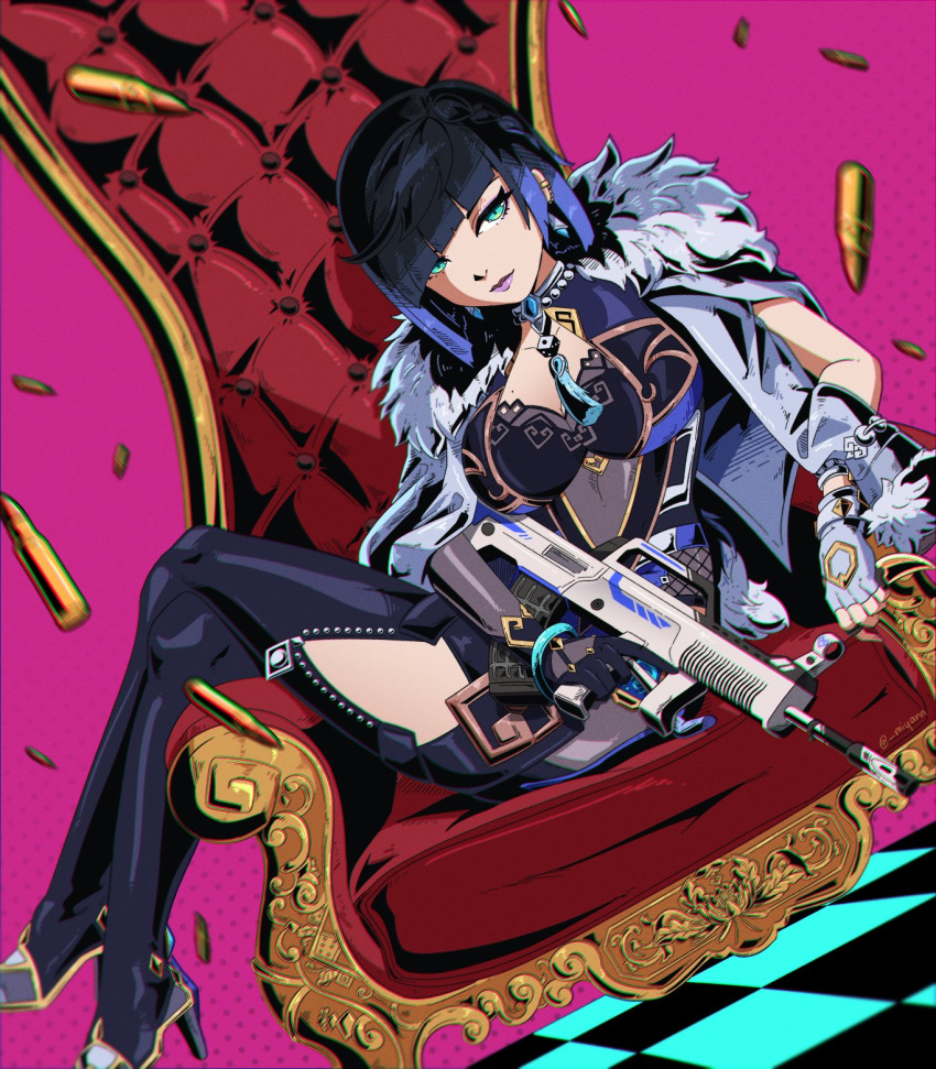 1girl, black_footwear, black_hair, blue_bodysuit, blue_eyes, blue_hair, bodysuit, breasts