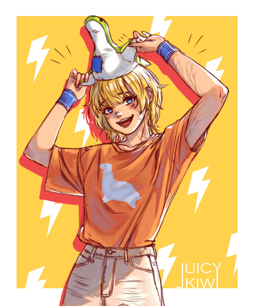 1girl, absurdres, apex_legends, bangs, blonde_hair, blue_eyes, border, english_commentary, eyebrows_visible_through_hair, grey_pants, head_tilt, highres, holding, holding_stuffed_toy, nessie_(respawn), orange_shirt, pants, print_shirt, scar, scar_on_arm, scar_on_cheek, scar_on_face, shirt, short_hair, smile, solo, stuffed_toy, wattson_(apex_legends), white_border, wiki_(juicykiwi), wristband, yellow_background