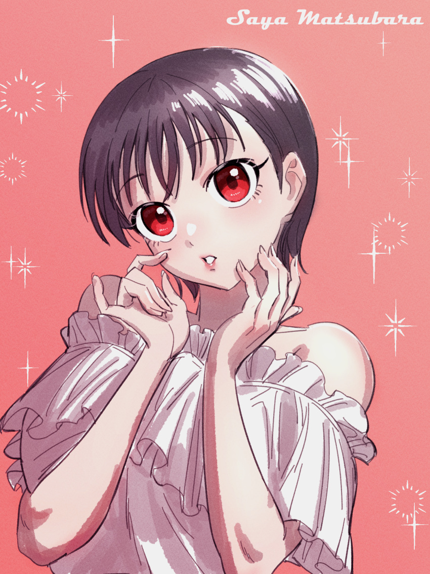 1girl, :o, alternate_costume, black_hair, character_name, dress, hands_up, head_tilt, highres, hobgoblin-kim, idolmaster, idolmaster_cinderella_girls, lipgloss, looking_at_viewer, matsubara_saya, off-shoulder_dress, off_shoulder, red_eyes, short_hair, simple_background, solo, sparkle_print, upper_body, white_dress
