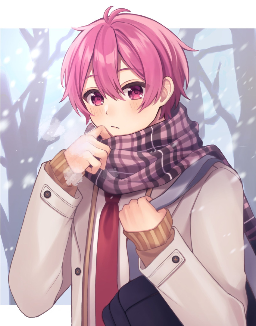1boy, bag, blush, closed_mouth, coat, flannel, frown, handbag