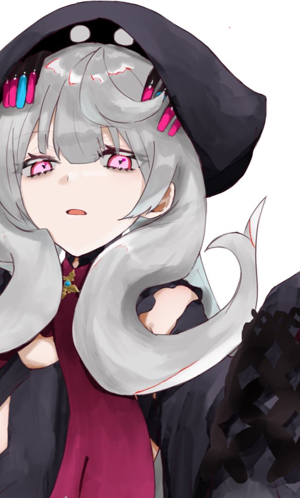 1girl, ao_(greburi), black_dress, black_headwear, dress, eyebrows_visible_through_hair, grey_hair, hair_behind_ear, long_hair, nijisanji, nijisanji_en, open_mouth, portrait, purple_scarf, reimu_endou, scarf, solo, violet_eyes, virtual_youtuber, white_background