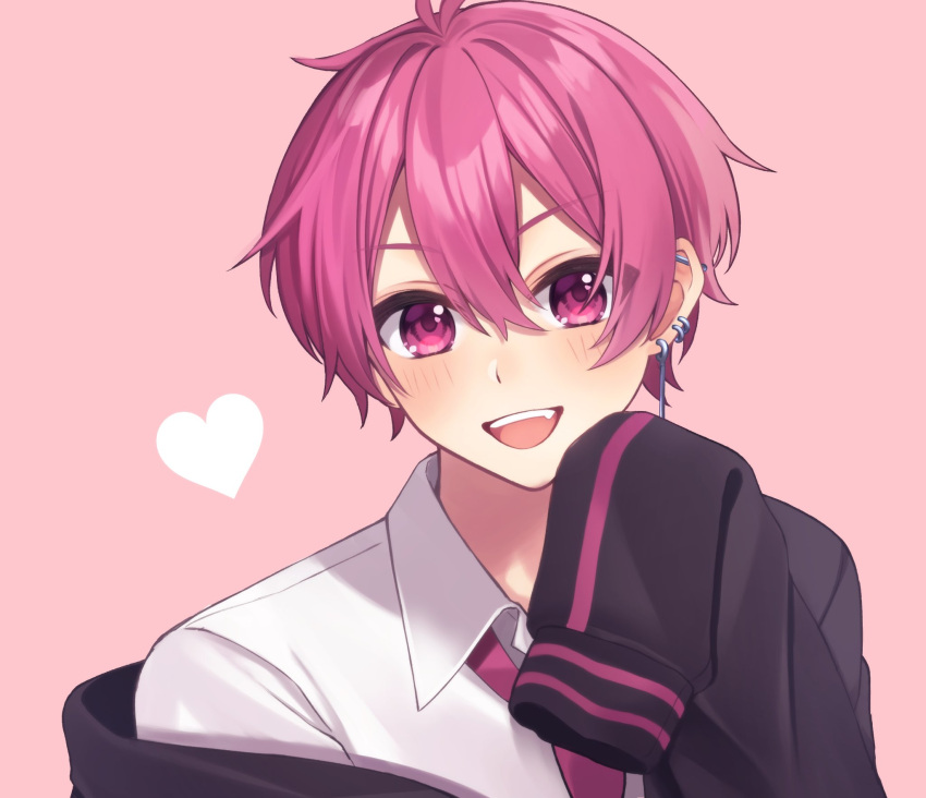 1boy, blush, collared_shirt, ear_piercing, earrings, fang, heart, highres, ireisu, jewelry, long_sleeves, looking_at_viewer, male_focus, naiko_(ireisu), necktie, o8uin, open_mouth, piercing, pink_background, pink_eyes, pink_hair, shirt, short_hair, sleeves_past_fingers, sleeves_past_wrists, smile, solo, white_shirt