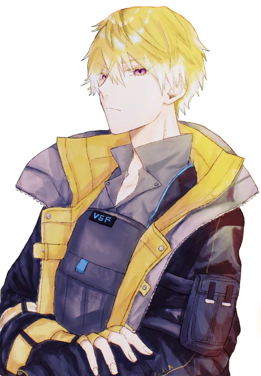 1boy, ao_(greburi), bangs, black_jacket, blonde_hair, collarbone, collared_shirt, fingerless_gloves