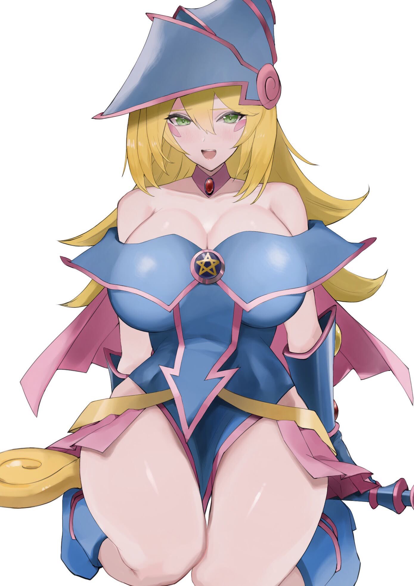 1girl, bare_shoulders, blonde_hair, blue_footwear, blush, blush_stickers, breasts, bridal_gauntlets, capelet, dark_magician_girl, duel_monster, eyebrows_visible_through_hair, fingerless_gloves, gem, gloves, green_eyes, hair_between_eyes, hat, highres, huge_breasts, kataku_musou, large_breasts, long_hair, looking_at_viewer, open_mouth, pelvic_curtain, pentagram, seiza, simple_background, sitting, solo, thick_thighs, thigh_gap, thighs, wand, white_background, wizard_hat, yu-gi-oh!