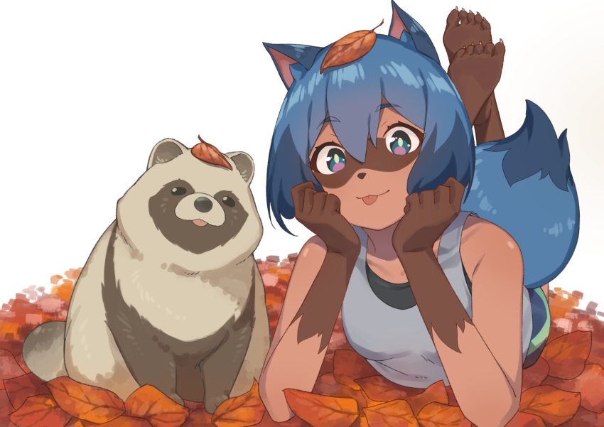 1girl, :3, :p, animal, animal_ears, arm_support, bangs, black_tank_top, blue_eyes, blue_hair, blue_shorts, bob_cut, body_fur, brand_new_animal, breasts, claws, closed_mouth, dark-skinned_female, dark_skin, eyelashes, feet_up, furry, furry_female, hair_between_eyes, hands_on_own_face, head_rest, highres, imori_(lizzy), kagemori_michiru, leaf, leaf_on_head, looking_at_viewer, lying, multicolored_eyes, multicolored_hair, on_stomach, raccoon_ears, raccoon_girl, raccoon_tail, raised_eyebrows, short_hair, shorts, simple_background, small_breasts, smile, soles, solo, symbol-only_commentary, tail, tank_top, tanuki, the_pose, toes, tongue, tongue_out, two-tone_hair, violet_eyes, w_arms, white_background, white_tank_top