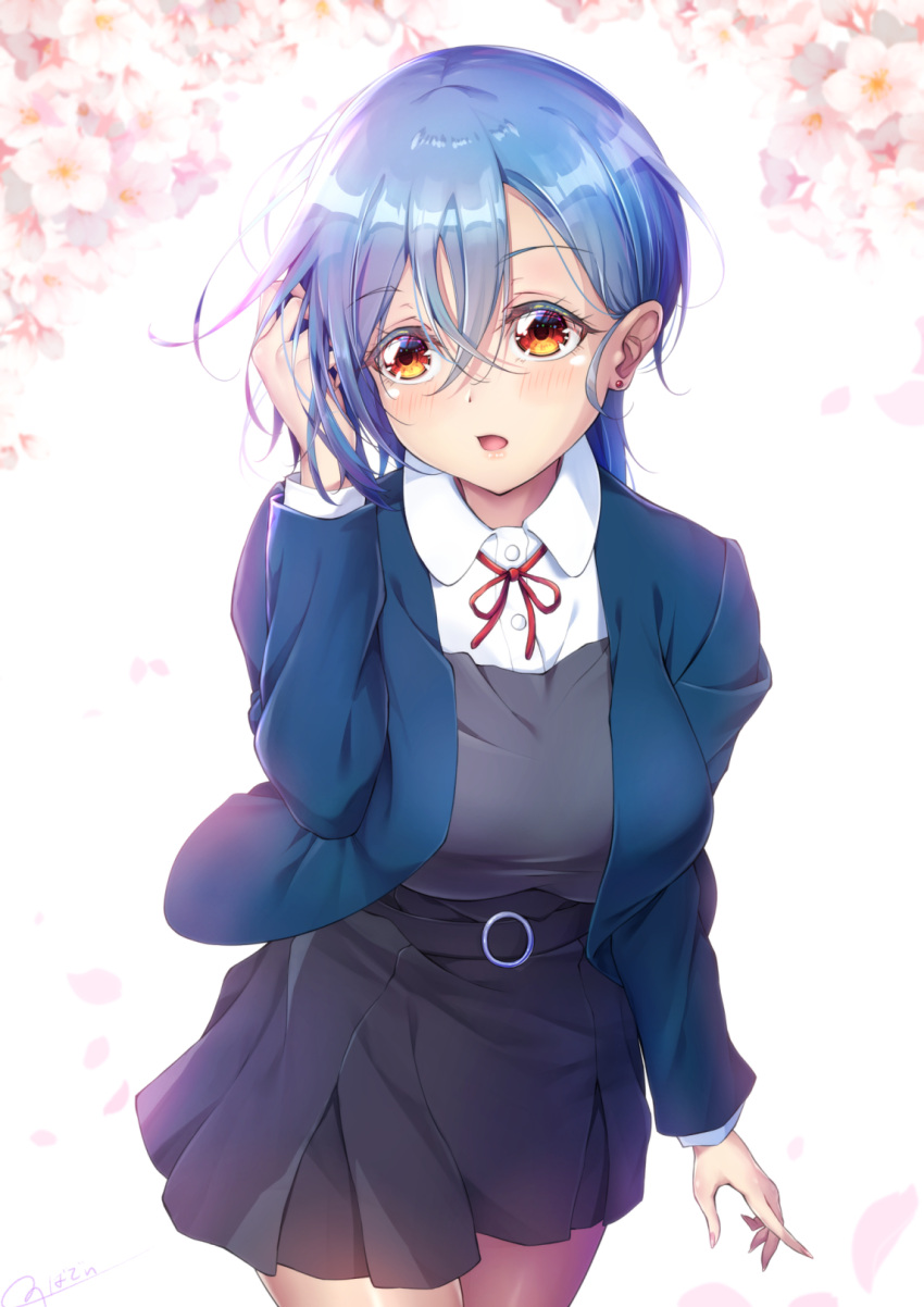 1girl, bangs, blue_hair, blue_jacket, blush, breasts, brown_eyes, commentary_request