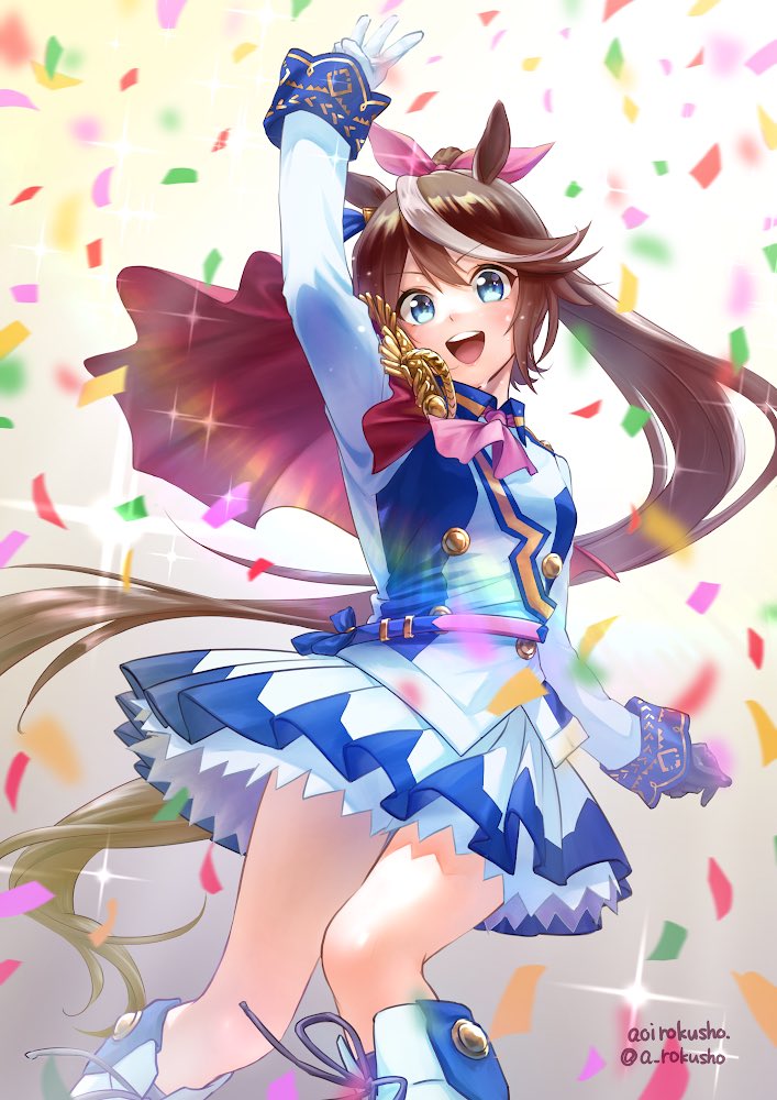 1girl, animal_ears, aoi_rokushou, blue_eyes, brown_hair, confetti, eyebrows_visible_through_hair, floating_hair