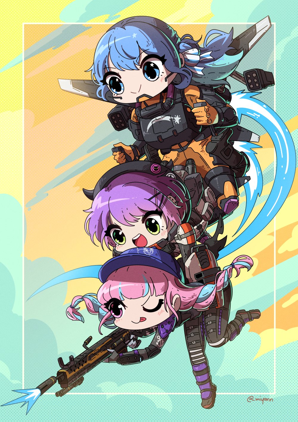 3girls, apex_legends, bent_over, beret, black_bodysuit, black_headwear, blue_eyes, blue_hair