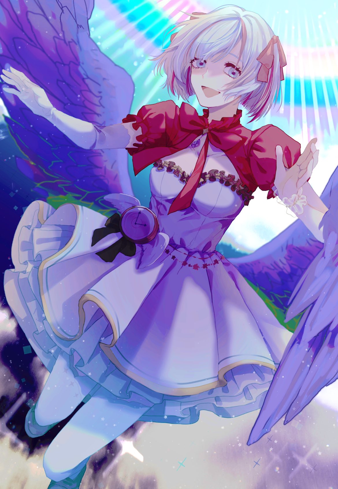 1girl, aozora_kurumi, bow, breasts, dress, gloves, grey_eyes, grey_hair