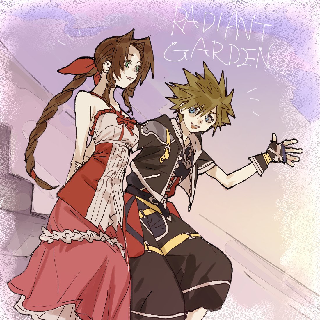 1boy, 1girl, aerith_gainsborough, arms_behind_back, bangs, belt, black_shorts, braid