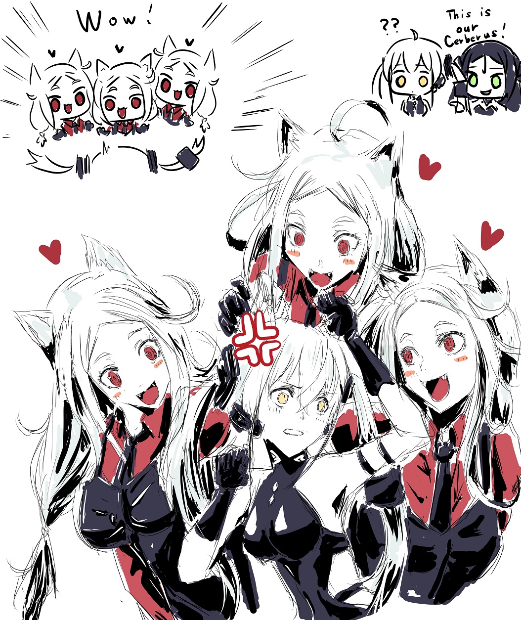 4girls, ahoge, animal_ears, bangs, black_dress, black_gloves, black_necktie, black_vest