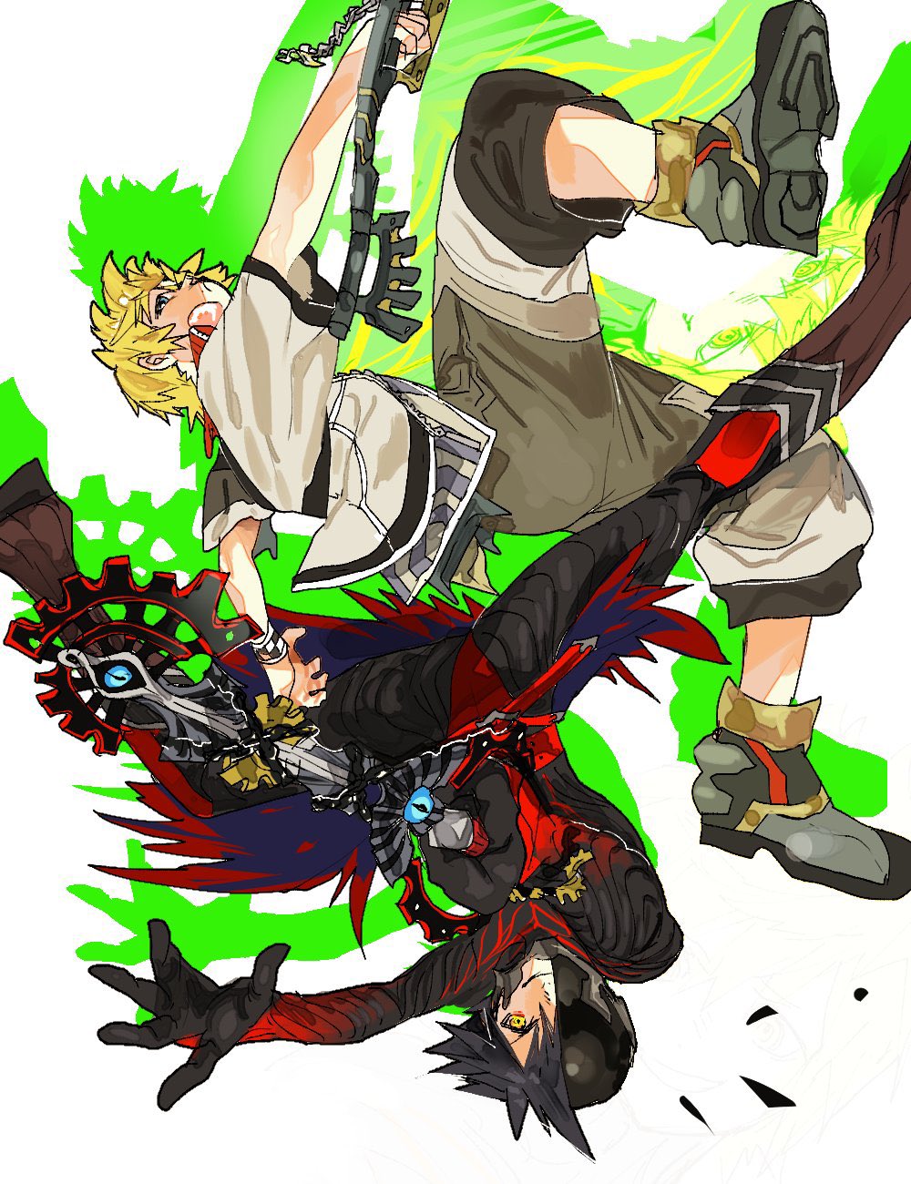 2boys, black_hair, blonde_hair, blue_eyes, bodysuit, boots, fighting_stance, full_body