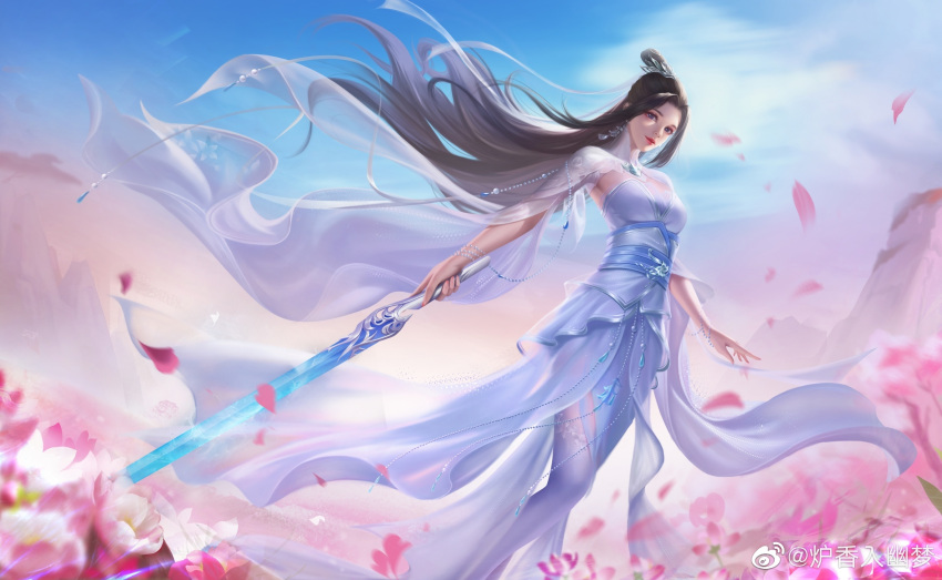 1girl, beads, blue_eyes, dress, feng_wu_huai_hua_2020, hair_bun, highres, long_hair