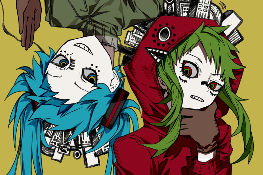 2girls, blue_eyes, blue_hair, facial_mark, gloves, green_eyes, green_hair, grin, gumi, hair_ornament, half_gloves, hand_on_own_chin, hatsune_miku, hemostatic, highres, hood, hood_up, hoodie, jacket, long_hair, looking_at_another, matryoshka_(vocaloid), medium_hair, multicolored_eyes, multiple_girls, print_hoodie, red_eyes, smile, teeth, track_jacket, twintails, upside-down, vocaloid, yellow_eyes