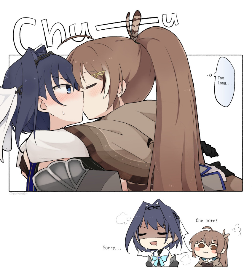 bangs, blue_eyes, blue_hair, blush, brown_hair, english_text, feather_hair_ornament, feathers