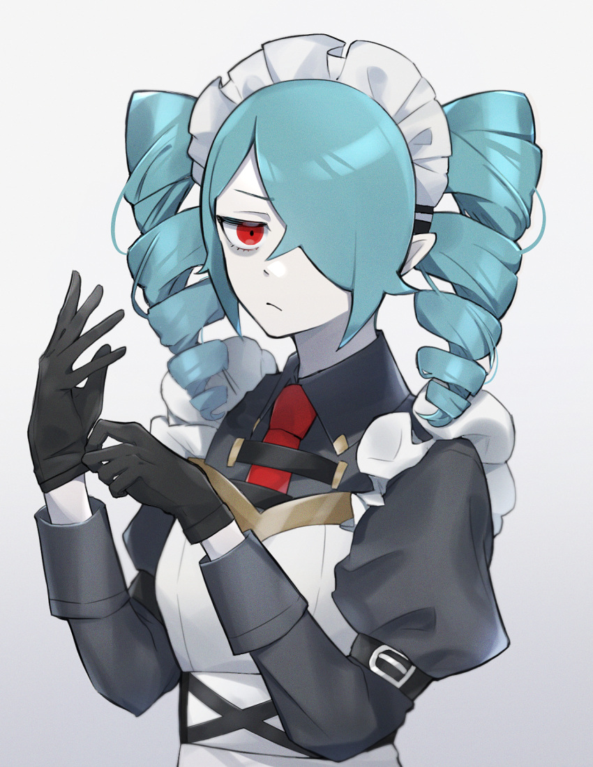 1girl, adjusting_clothes, adjusting_gloves, aqua_hair, black_gloves, drill_hair, first-chan_(loalo), gloves