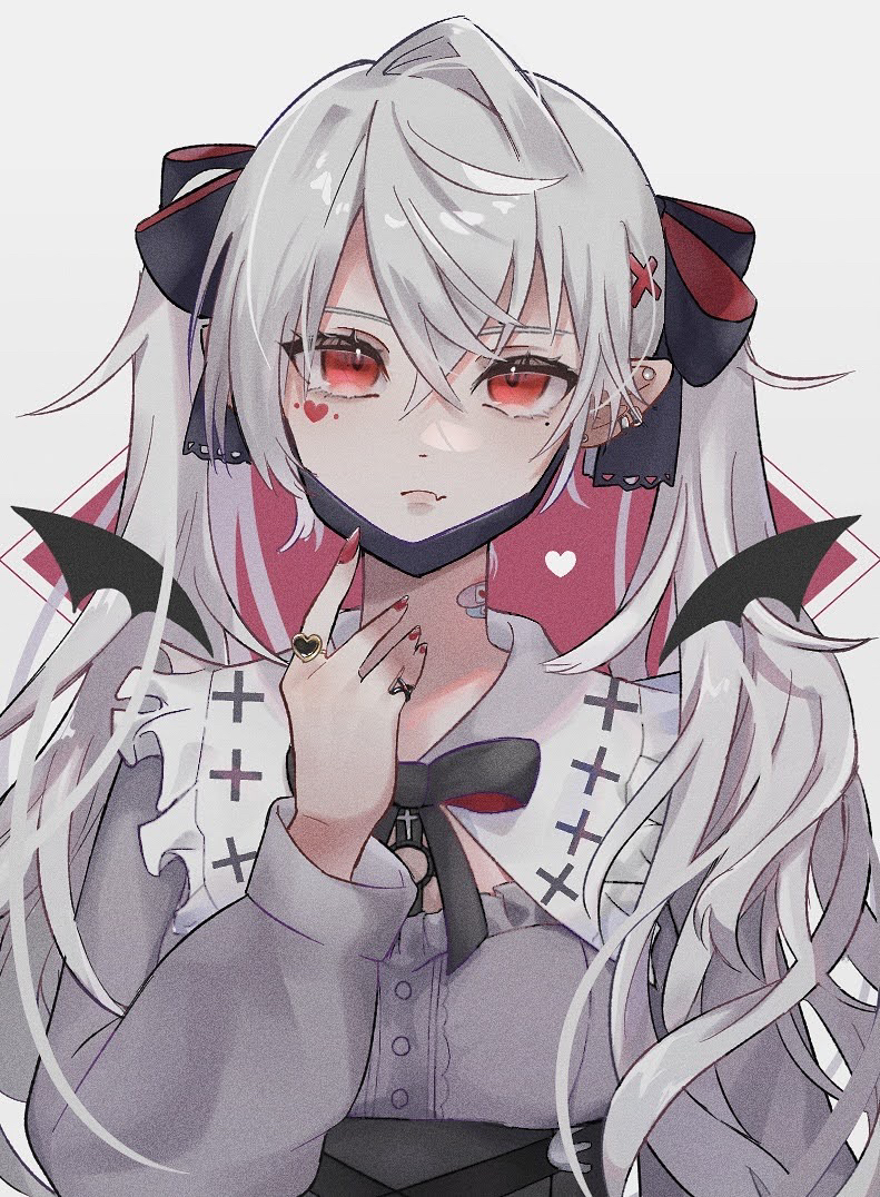 1girl, bandaid, bandaid_on_neck, bangs, black_ribbon, ear_piercing, facial_tattoo, fang, grey_shirt, hair_between_eyes, hair_ornament, hinaseq, jewelry, kuzuha_(nijisanji), long_hair, long_sleeves, mask, mask_around_neck, nijisanji, piercing, red_eyes, red_nails, ribbon, ring, shirt, tattoo, upper_body, virtual_youtuber, white_background, white_hair, x_hair_ornament